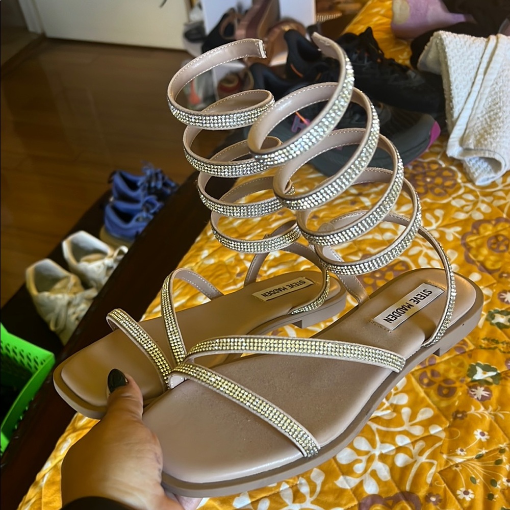Steve Madden Cream Strappy Sandals with Rhinestones